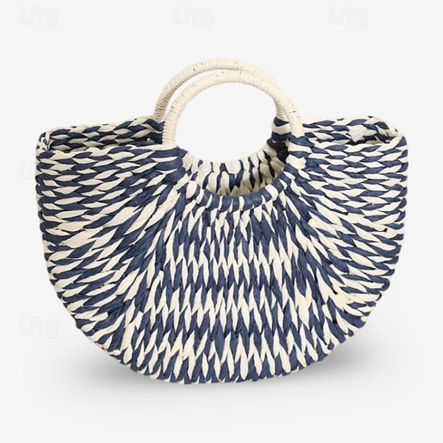  Dame Håndtaske Strandtaske Halmpose Strå Handle ind Ferie Strand Stor kapacitet Farveblok Patchwork Sort Blå Grøn