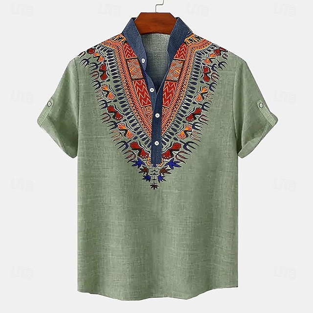  Herre linned skjorte Henley-skjorte retro skjorter Vintage skjorte Etnisk skjorte Etnisk Ferierejse Daglig Blå Grøn Kakifarvet Kortærmet Kinesisk Krave Sommer Forår Tøj Trykt mønster
