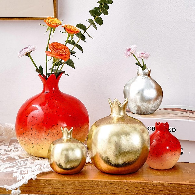  Red Pomegranate Shaped Resin Vase, Simulated Decoration for Home, Hotel, Restaurant Tabletops, Suitable for Floral Arrangements and Hydroponic Plants