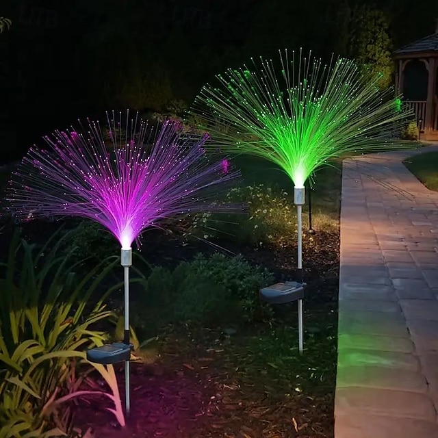  2pcs Solar RGB Fiber Optic Jellyfish Garden Light Outdoor Waterproof Fireworks Lawn Light Courtyard Park Patio Pathway Landscape Atmosphere Decoration