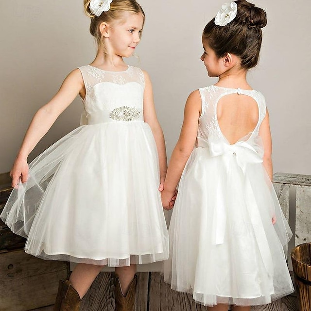  Kids Girls' Party Dress Solid Color Sleeveless Performance Mesh Princess Sweet Mesh Mid-Calf Sheath Dress Tulle Dress Summer Spring Fall 2-12 Years White