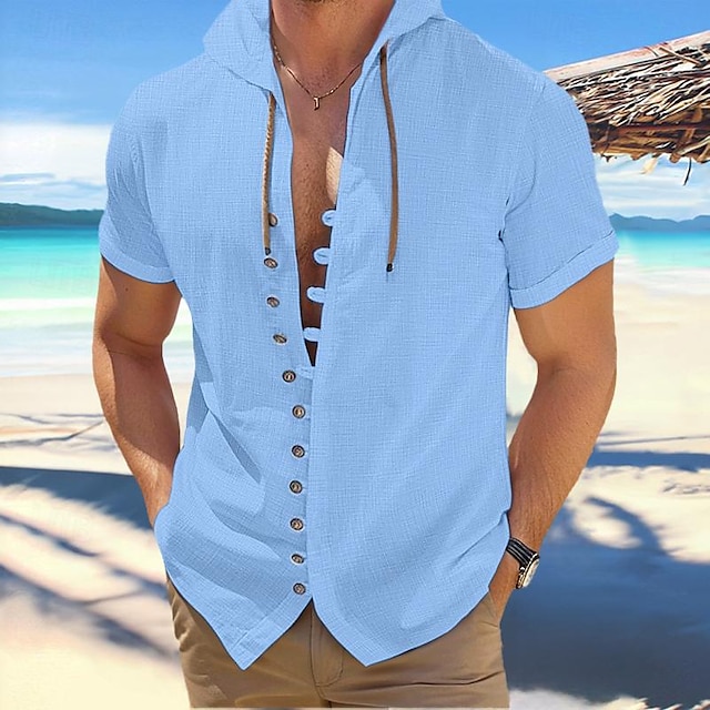  Men's Shirt Linen Shirt Summer Shirt Beach Shirt Summer Hawaiian Shirt Black White Blue Short Sleeve Solid Color Hooded Spring & Summer Street Daily Clothing Apparel Button