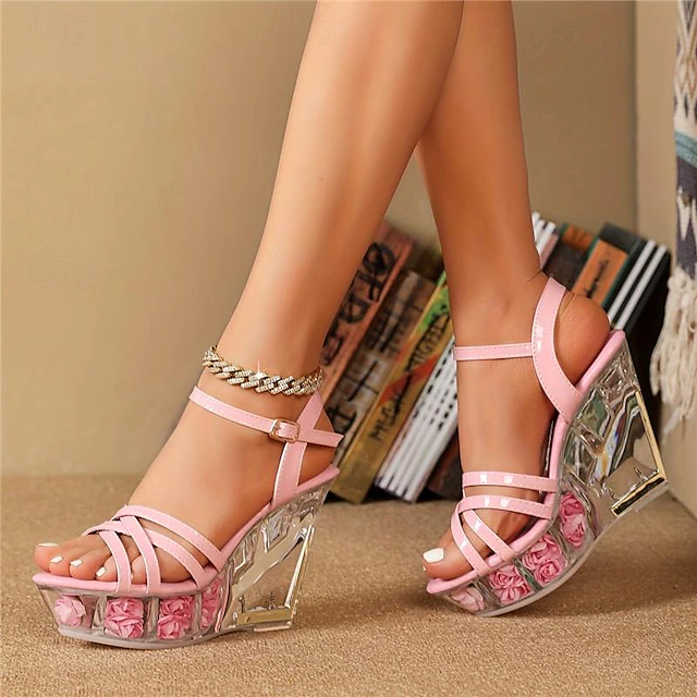 Women's Pink Strappy Wedge Sandals – Transparent High Heels with Floral Decor, Open-Toe Summer Party Shoes 14