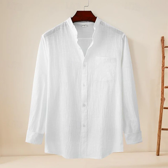 Men's Shirt Linen Shirt Cotton Linen Shirt Chinese Collar Shirt Mandarin Collar Shirt Casual Shirt Plain Vacation Hawaiian White Navy Blue Khaki Light Blue Long Sleeve Grandad Collar Spring & Fall 15