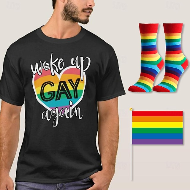  lgbt lgbtq tričko pride trička s 1 párem ponožek sada duhových vlajek probudil se znovu gay vtipné queer lesbické gay tričko pro pár unisex dospělé hrdost průvod hrdost měsíc párty karneval