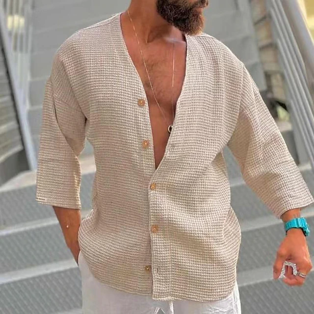 Men's Shirt Summer Shirt Button Up Shirt Casual Shirt Beach Shirt Black White Light Grey Beige 3/4 Length Sleeve Plain V Neck Hawaiian Holiday Clothing Apparel Fashion Casual Comfortable 5