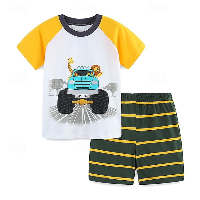  幼児用男の子用Tシャツ2枚 &ショートパンツ 衣装 グラフィック 半袖 セット 学校 ファッション 日常 夏 春 3-7 歳