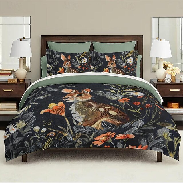  Retro Rainforest Rabbit Duvet Cover Set 2-piece Set 3-piece Set Lightweight Soft Short Plush Set Thick Feather Square Bed