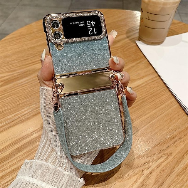 Phone Case For Samsung Galaxy Z Flip 6 Z Flip 5 Z Flip 4 Z Flip 3 Back Cover with Wrist Strap Bling Glitter Shiny Shockproof Plating PC Metal