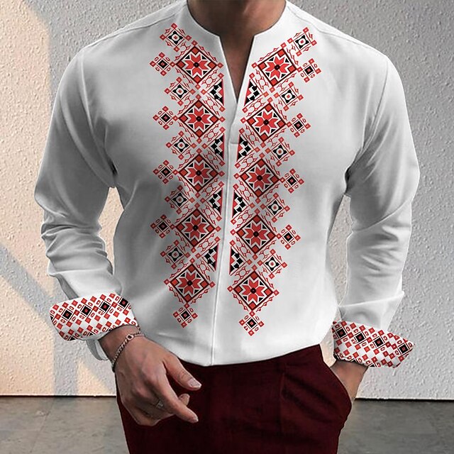 Men's Shirt Button Up Shirt Henley Shirt Long Sleeve Business Casual Formal Daily Summer Spring Fall Collarless V Neck Print White4