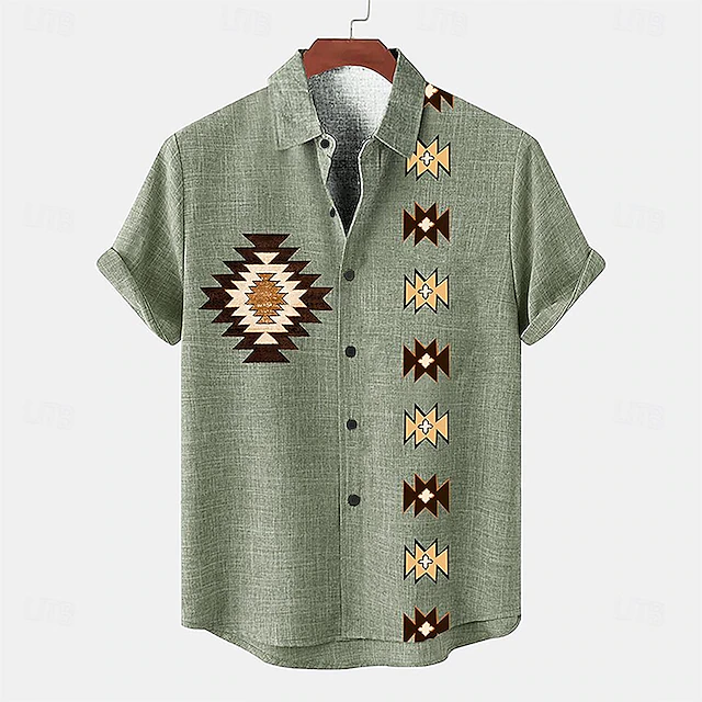 Men's Shirt Linen Shirt Retro Shirts Vintage Shirt Ethnic Shirt Tribal Daily Brown Green Gray Short Sleeve Turndown Summer Spring Clothing Apparel 6