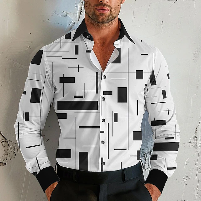 Men's Geometric Geometric Pattern Button Up Shirt Printed Shirts Long Sleeve Business Casual Formal Fall Winter Spring & Summer Turndown Collared Shirts Print White4