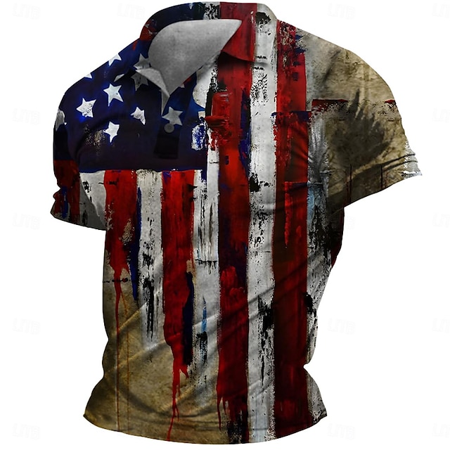  National Flag Men's Casual 3D Polo Shirt Street Daily Holiday American Independence Day Cotton Blend Short Sleeve Turndown Polo Shirts Brown Khaki Spring & Summer S M L Micro-elastic Lapel Polo