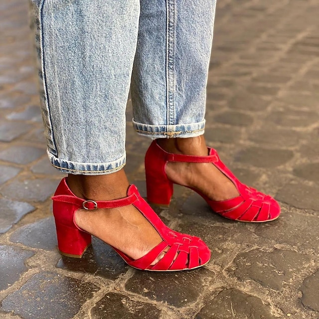  Women's Red Suede T-Strap Heels with Block Heel – Vintage Style, Comfortable Fit for Casual and Evening Wear