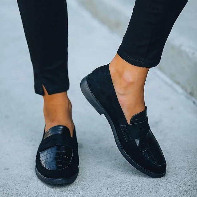  Women's Loafers Classic Loafers Daily Solid Color Block Heel Round Toe Vintage Casual Walking PU Loafer Black