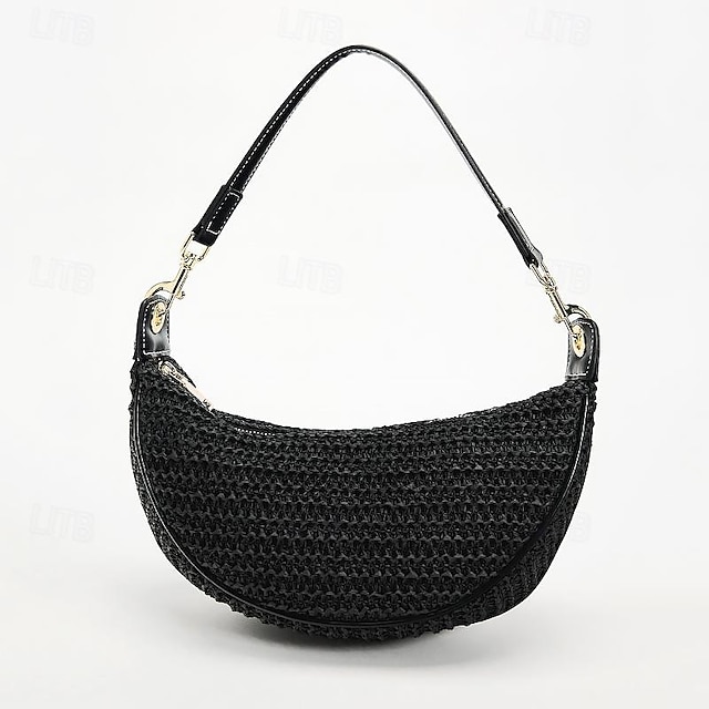  Dame Crossbody-veske Skulderveske Strå Holdbar Helfarge Vevd Naturlig Farge Svart