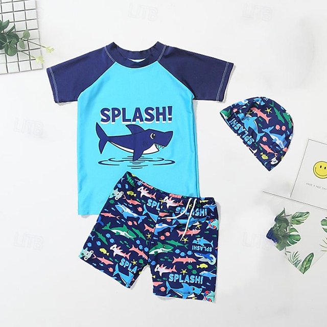  Kids Boys Swimsuit Graphic Short Sleeve Outdoor Vacation Straw Shark White + Navy Summer Clothes 3-7 Years