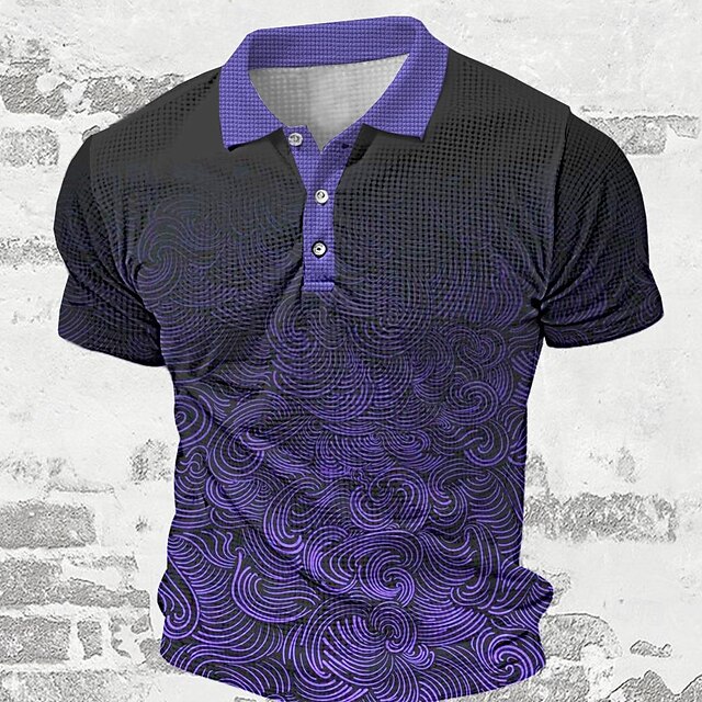Men's Waffle Polo Shirts Golf Shirt Short Sleeve Polo Shirts Collared Shirts Casual Vacation Wear Party Outfits Buttons 3D Print Spring & Summer Purple Green 5
