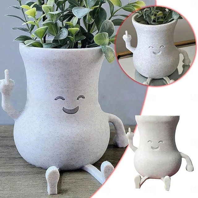 Funny Smiling Plant Pot with Finger Up, Unique Cute Planters for Indoor Plants Succulents, Resin Smiley Face Flowerpot Novelty Adorable Gift Ideas(Plants not Included) (Middle Finger)