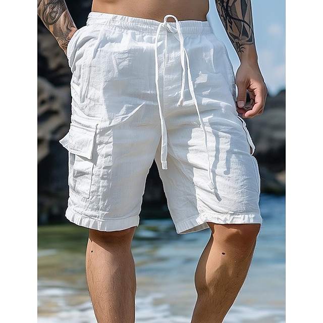  Hombre Pantalón corto Pantalones cortos de lino Pantalones cortos de verano Pantalones cortos de playa Correa Cintura elástica Multi bolsillo Plano Longitud de la rodilla Exterior Playa Hawaiano