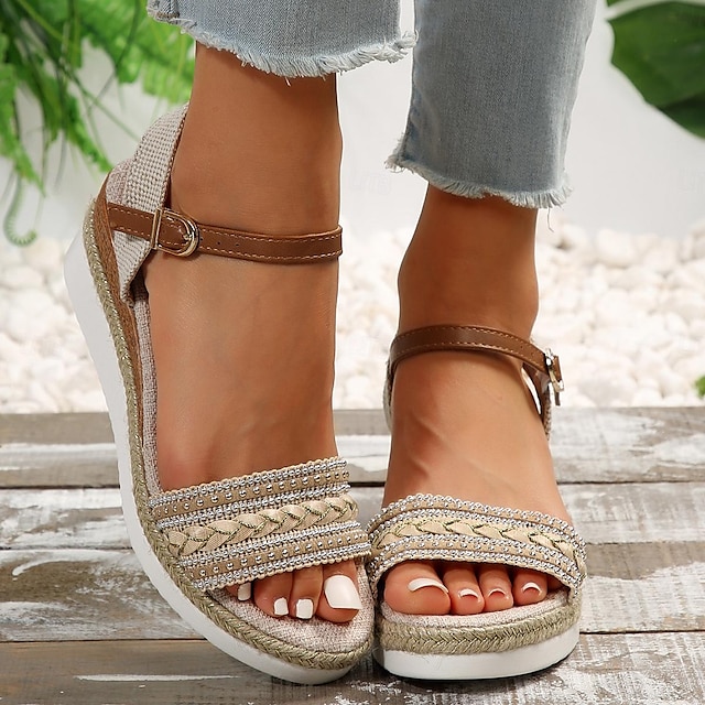 damskie sandały na platformie na koturnie letnie espadryle z paskiem na kostce sandały plażowe z odkrytymi palcami różowe wino-beżowe sandały
