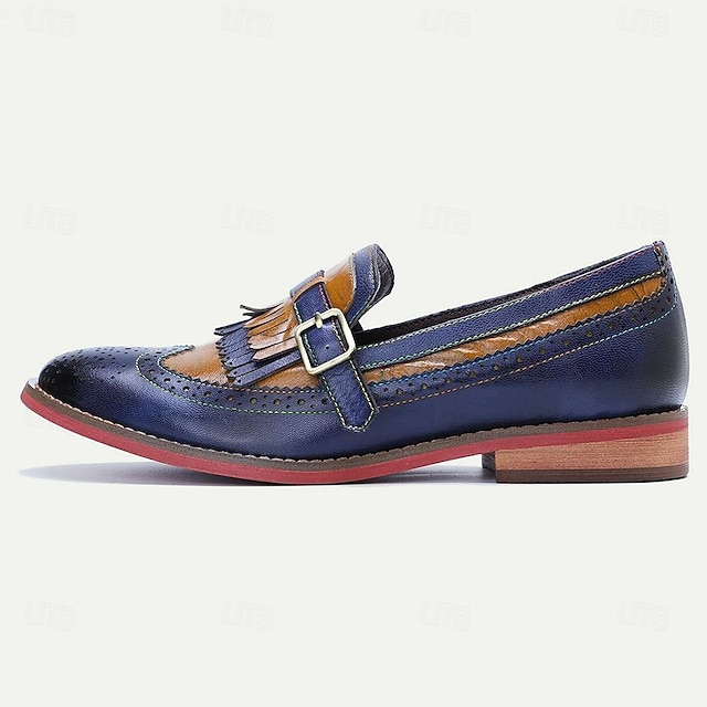  Women's Loafers Dress Shoes Low Heel Round Toe Business Leather Loafer Dark Blue
