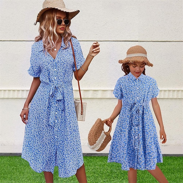  mor og mig kjoler matchende tøj outfits til piger forældre-barn sommer farverige polyester print nederdele familie look