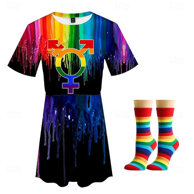  ゲイプライド レインボーフラッグ LGBT LGBTQ ドレス ソックス 虹色 3D グラフィック柄 用途 女性用 成人 カーニバル 3Dプリント プライドパレード プライド月間