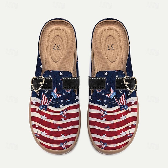  Pentru femei Pantofi Flați Papuci Slip-On-uri Pantofi de imprimare Papuci din Pânză Zilnic Vacanță Ziua Independenței Steagul american Cataramă Toc Drept Vârf rotund Vacanță Casual Confortabili Pânză