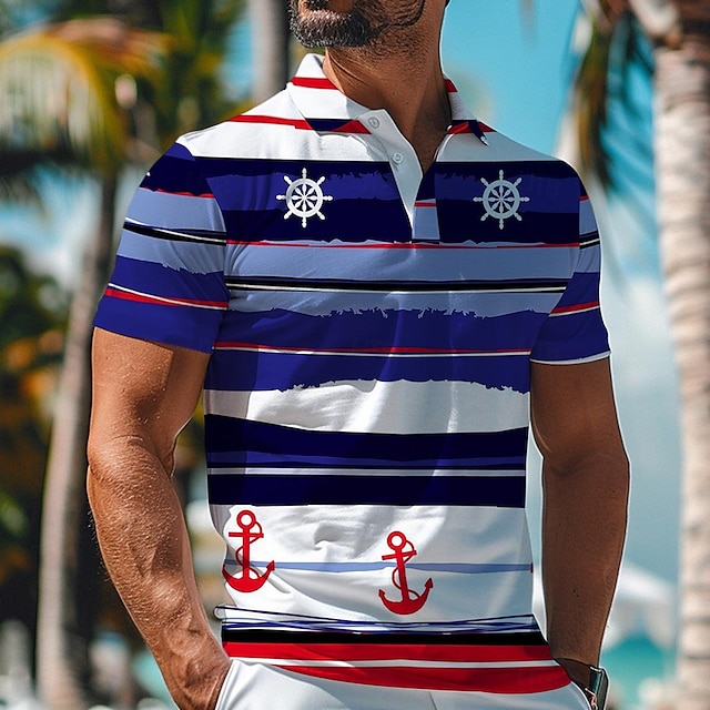  Striped Anchor Men's Casual 3D Polo Shirt Street Daily Holiday Polyester Short Sleeve Turndown Polo Shirts White Blue Spring & Summer S M L Micro-elastic Lapel Polo
