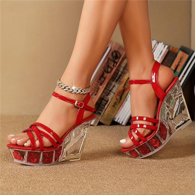  Damen Rosa Riemchensandalen mit Keilabsatz – Transparente High Heels mit Blumendekor, Offene Sommer Party Schuhe