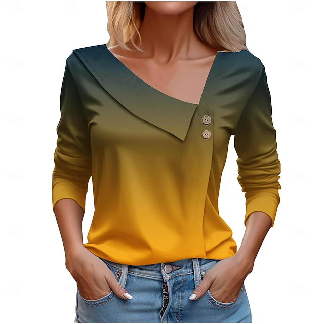 Women's Shirt Blouse Casual Buttons Print Long Sleeve Regular Tops V Neck Daily Yellow Pink Blue Orange Green Spring & Summer 7