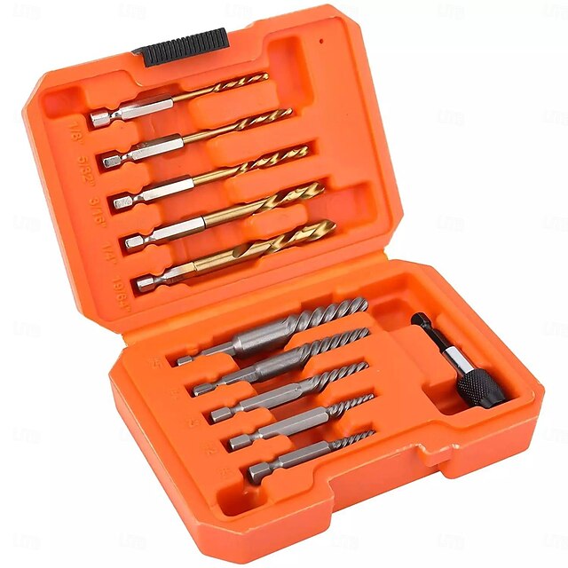  Set di estrattori di viti da 11 pezzi e set di estrattori di viti con supporto universale per punte da trapano, set di punte da trapano metriche, set di estrattori per punte da trapano inverse per la rimozione di viti, bulloni e prigionieri rotti