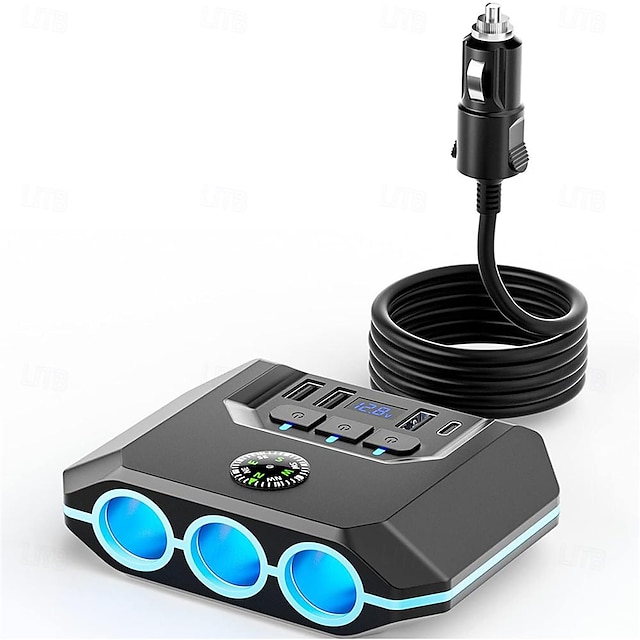  Tehokas 120 W 7-in-1 autolaturi, jossa 3 pistorasiaa ja 4 usb-porttia - yksittäisten kytkimien led-jännitenäyttö tehokkaaseen usean laitteen lataukseen