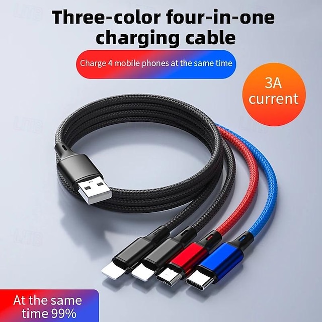  4 in 1 usb-kabel voor iphone 3 in 1 usb a naar micro usb/type c/8 pin oplader kabel 3a snel opladen cabl voor huawei samsung xiaomi