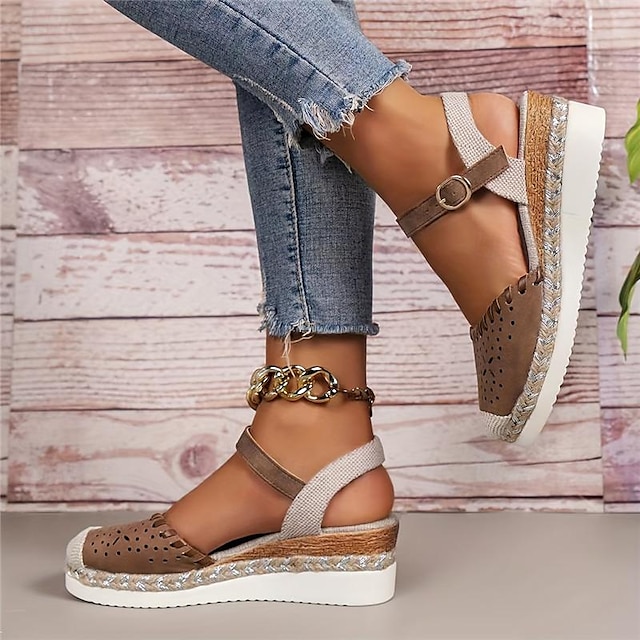  kvinnors colorblock kil sandaler rund tå fotledsrem spänne slingback platåskor sommar avslappnade bekväma skor