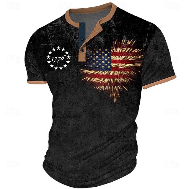 Men's American Independence Day Graphic American US Flag 1776 T shirt Henley Shirt Short Sleeve 3D Print Sports Designer Party Street Casual Summer Spring Black Blue Green Black Gray Henley Henley 7