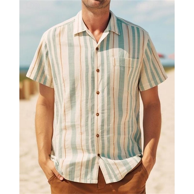  Men's Shirt Button Up Shirt Casual Shirt Summer Shirt Beach Shirt Blue khaki Short Sleeve Stripes Turndown Hawaiian Holiday Front Pocket Clothing Apparel Fashion Casual Comfortable