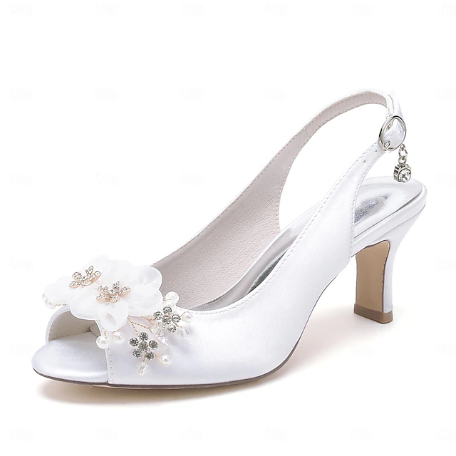 Women's Wedding Shoes Sandals Ladies Shoes Valentines Gifts White Shoes Wedding Party Daily Wedding Sandals Bridal Shoes Bridesmaid Shoes Rhinestone Satin Flower Chunky Heel Peep Toe Elegant Fashion 8