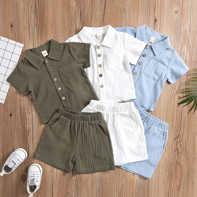  2 Piezas Bebé Chico Camiseta y Bermudas Vestimenta Color sólido Manga Corta Establecer Escuela Moda Diario Verano Primavera 3-7 años Bleu Ciel Ejercito verde Blanco