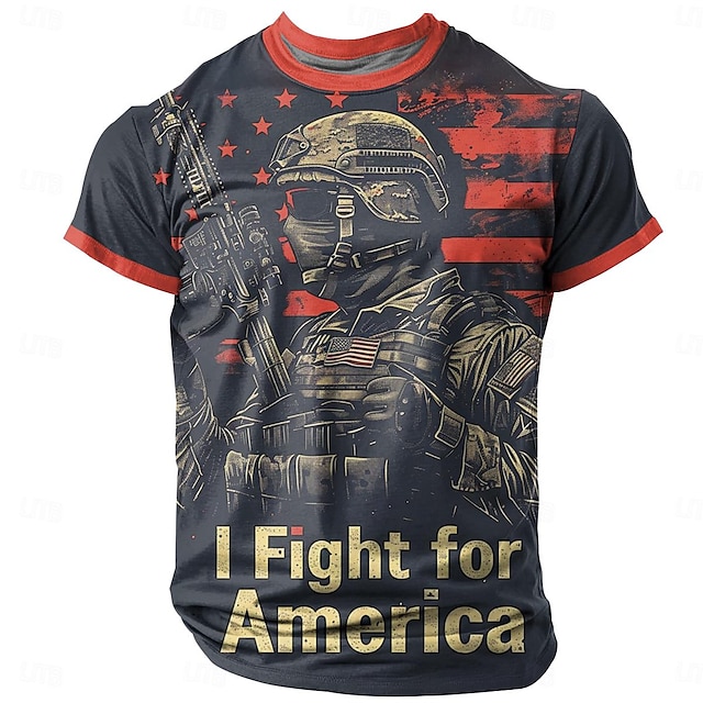  Animal American US Flag Soldier Fashion Athleisure Men's 3D Print T shirt Tee Street Sports Outdoor Festival American Independence Day T shirt Black / Red Black Red Crew Neck Shirt Summer Spring