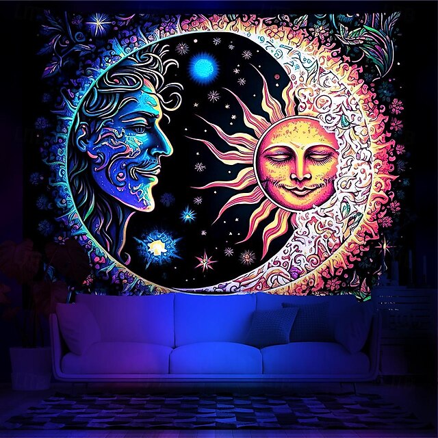  blacklight wandtapijt uv-reactief glow in the dark glow party neon zon maan mandala psychedelisch trippy mistig hangend wandtapijt muurschildering voor woonkamer slaapkamer