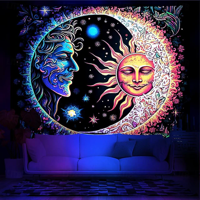 Blacklight Tapestry UV Reactive Glow in the Dark Glow Party Neon Sun Moon Mandala Psychedelic Trippy Misty Hanging Tapestry Wall Art Mural for Living Room Bedroom 23