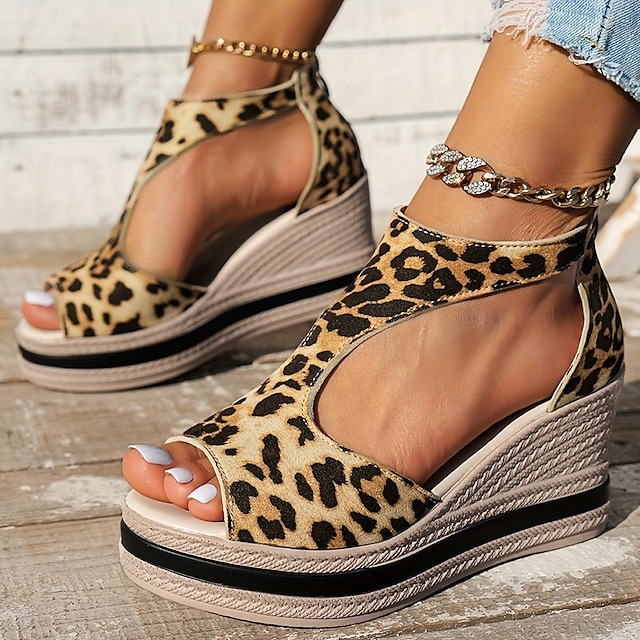  Women's Sandals Wedge Sandals Daily Zipper Wedge Peep Toe Casual Cloth Zipper Leopard Black Brown