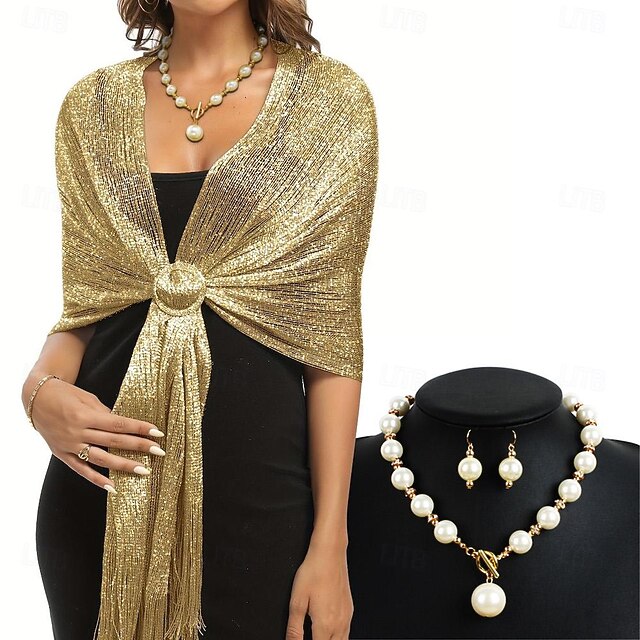 Scialle Donna Oro Con Fibbia - Stola Scintillante Per Serate, Matrimoni E Feste | Poliestere Metallizzato - Foto 13