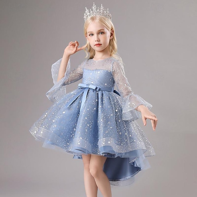  Kids Girls' Party Dress Solid Color Half Sleeve Performance Mesh Princess Sweet Mesh Mid-Calf Sheath Dress Tulle Dress Summer Spring Fall 2-12 Years Wine Dusty Blue