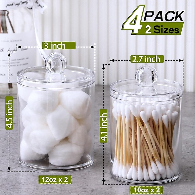  4 PACK Qtip Holder Dispenser for Cotton Ball Cotton Swab Cotton Round Pads Floss Picks - Small Clear Plastic Apothecary Jar Set for Bathroom Canister Storage Organization Vanity Makeup Organizer