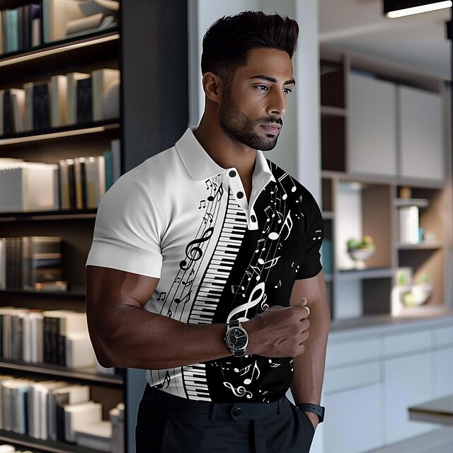 Music Festival Men's Music Polo Shirts Golf Shirt Short Sleeve Polo Shirts Collared Shirts Casual Vacation Wear Festival Wear Party Outfits Buttons 3D Print Spring & Summer White Blue 5