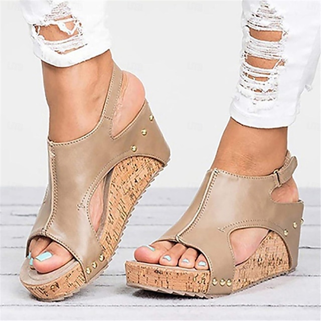  plattformsandaler for kvinner med åpen tå utskårne slingback hæler mote sandaler med trekorn beige brune svarte sandaler