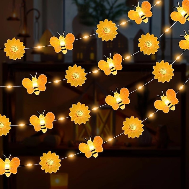  1pc Bee Sunflower String Lights, Fairy String Lights, Bedroom, Living Room, Party, Wedding, Courtyard, Home, Festival Party Supplies, Party Decorations, Spring Decorations